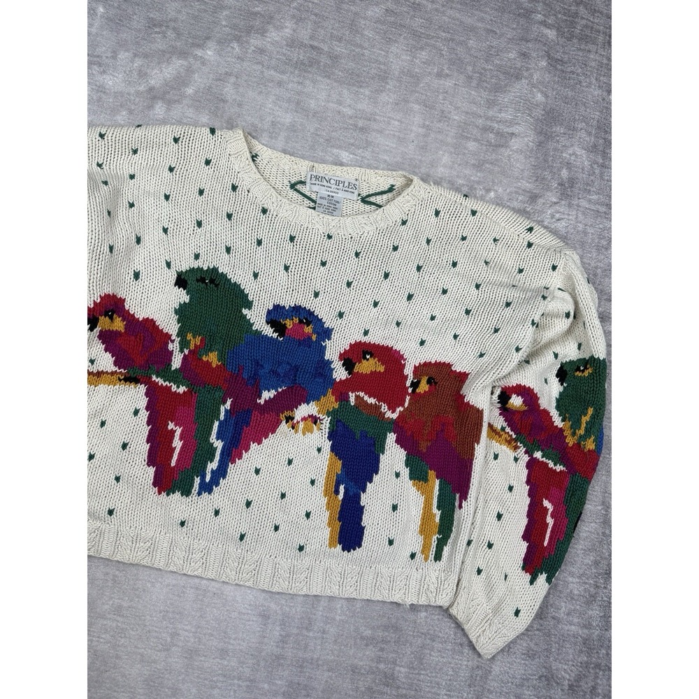 Principles Sweater Mens Medium White Knit‎ Vtg 80s Birds Nature Parrots Boxy